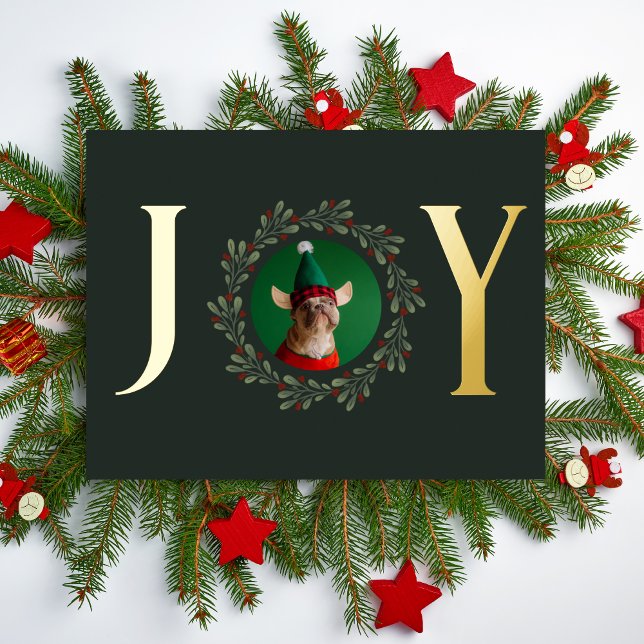 Joy Dog Photo Dark Green Christmas Wreath Gold Foil Holiday Postcard (Creator Uploaded)