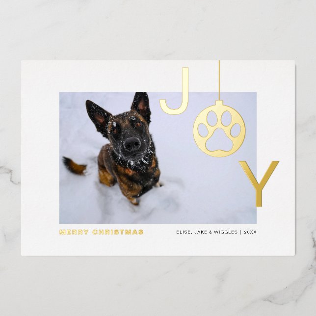 Joy Dog Photo Modern  Foil Holiday Card (Front)
