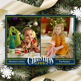 JOY Dusty Blue Gold Script Simple Photo Christmas Holiday Card