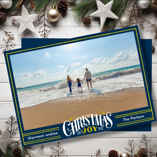 JOY Dusty Blue Gold Script Simple Photo Christmas Holiday Card (Creator Uploaded)