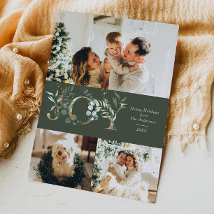 JOY Elegant 3 Photo Gold Green Holiday Card