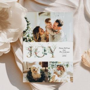 JOY Elegant 3 Photo Gold Greenery Christmas Holiday Card