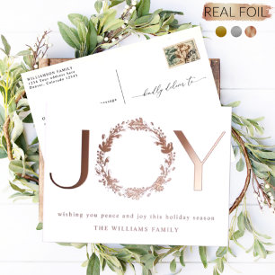 "JOY", Elegant and Simple, Foil Holiday Postcard 