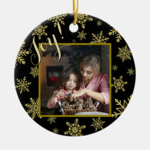 Joy! Elegant Black & Gold Round Holiday Photo Ceramic Tree Decoration