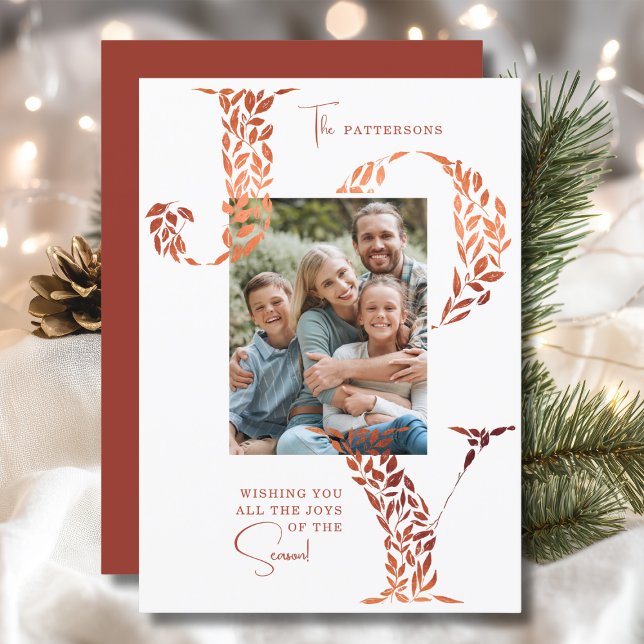 Joy Elegant Christmas Floral Typography Photo  Holiday Card (Creator Uploaded)