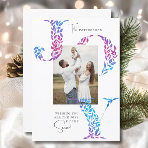 Joy Elegant Christmas Floral Typography Photo  Holiday Card