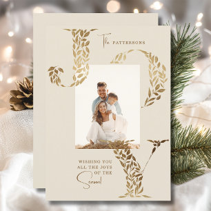 Joy Elegant Christmas Floral Typography Photo  Holiday Card