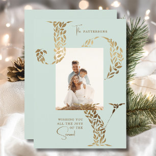 Joy Elegant Christmas Floral Typography Photo Holiday Card
