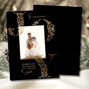 Joy Elegant Christmas Floral Typography Photo  Holiday Card