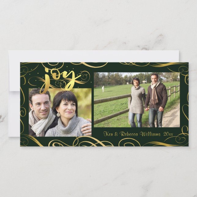 JOY, Elegant Gold Flourish on Changeable Evergreen Holiday Card (Front)