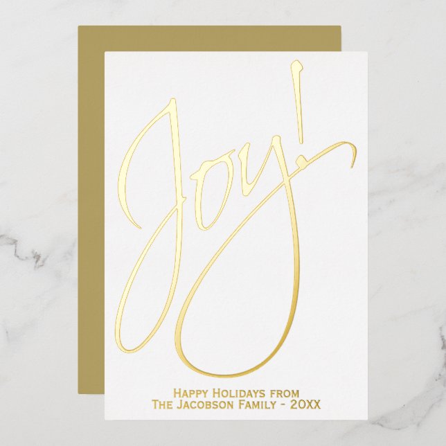 Joy Elegant Gold Script White Minimalist Christmas Foil Holiday Card (Front/Back)