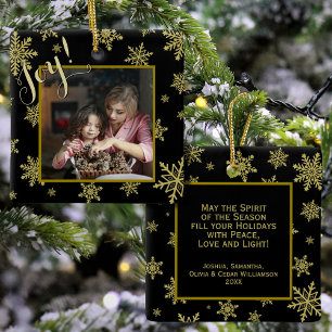 Joy! Elegant Gold Snowflakes Black Holiday Photo Ceramic Ornament