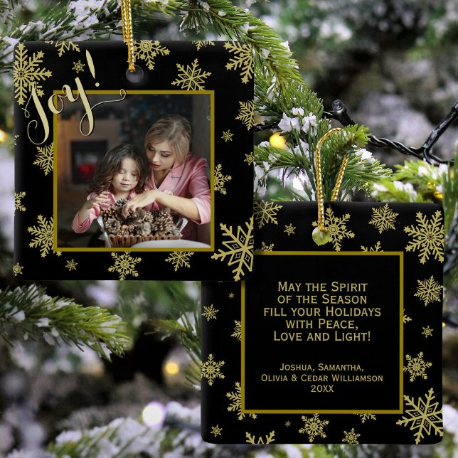 Joy! Elegant Gold Snowflakes Black Holiday Photo Ceramic Ornament (In Situ Front/Back)