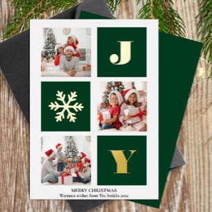JOY Elegant Gold Snowflakes Modern Script Photo Foil Holiday Card