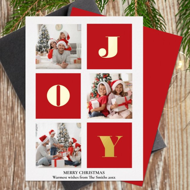 JOY Elegant Gold Snowflakes Modern Script Photo Foil Holiday Card (Creator Uploaded)