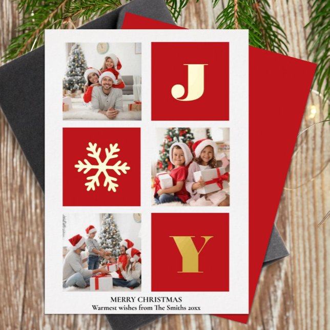 JOY Elegant Gold Snowflakes Modern Script Photo Foil Holiday Card (Creator Uploaded)