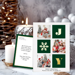 JOY Elegant Gold Snowflakes Modern Script Photo   Foil Holiday Postcard