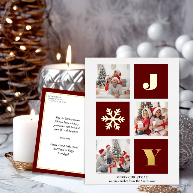 JOY Elegant Gold Snowflakes Modern Script Photo  Foil Holiday Postcard (Creator Uploaded)