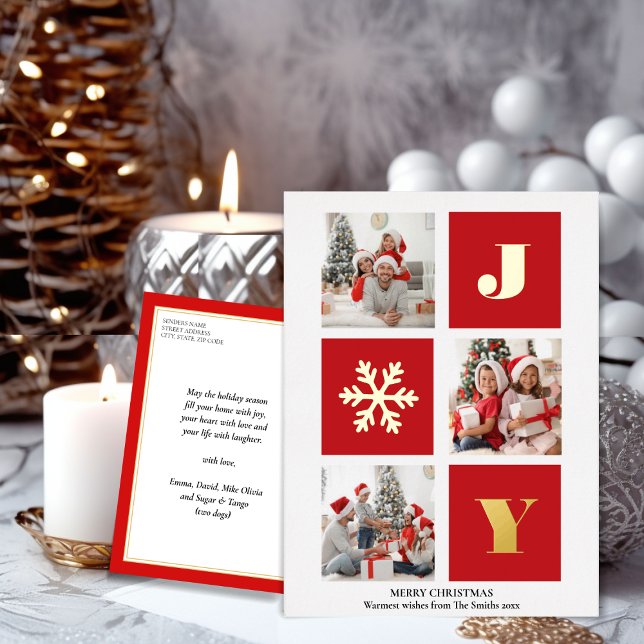 JOY Elegant Gold Snowflakes Modern Script Photo Foil Holiday Postcard (Creator Uploaded)