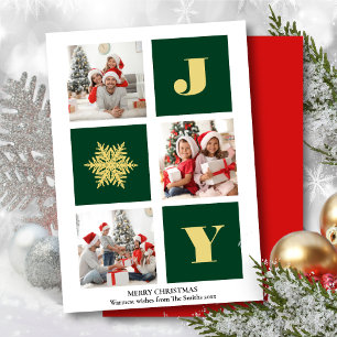 JOY Elegant Gold Snowflakes Modern Script Photo Holiday Card