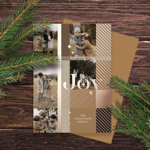 Joy Elegant Plaid 5 Family Photo Plaid Collage Foil Holiday Card