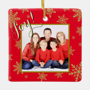 Joy! Elegant Red w/ Gold Snowflakes Holiday Photo Ceramic Ornament