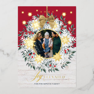 Joy Elevated Photo Snowflake Wreath White Shiplap Foil Holiday Card