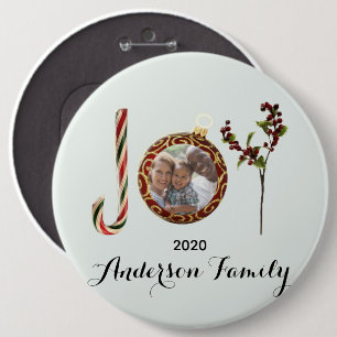 Joy family name and photo in Christmas ornament 6 Cm Round Badge