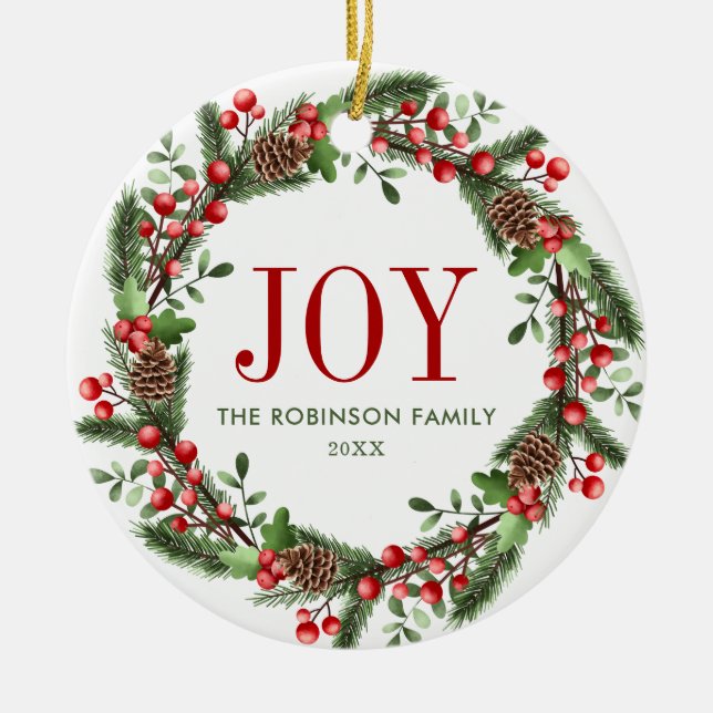Joy Family Name Christmas Wreath Ceramic Tree Decoration (Front)