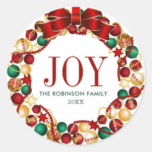 Joy Family Name Christmas Wreath Classic Round Sticker