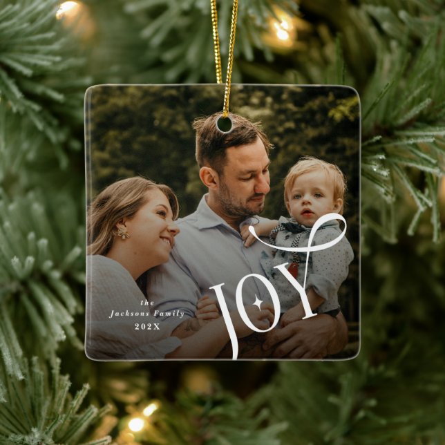 Joy Family Photo Christmas  Ceramic Ornament (Tree)
