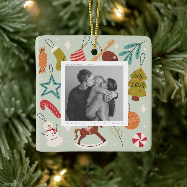 Joy Family Photo  christmas holiday postcard Ceramic Ornament (Creator Uploaded)