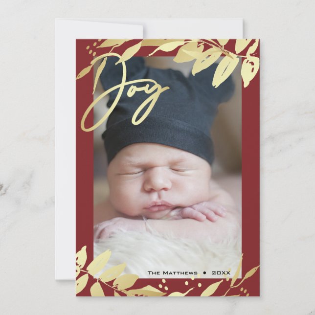 Joy Family Photo Gold Burgundy Botanical Christmas Holiday Card (Front)