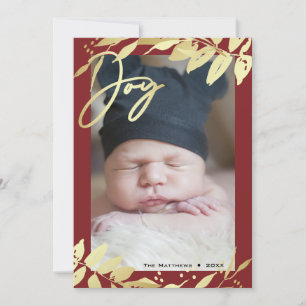 Joy Family Photo Gold Burgundy Botanical Christmas Holiday Card