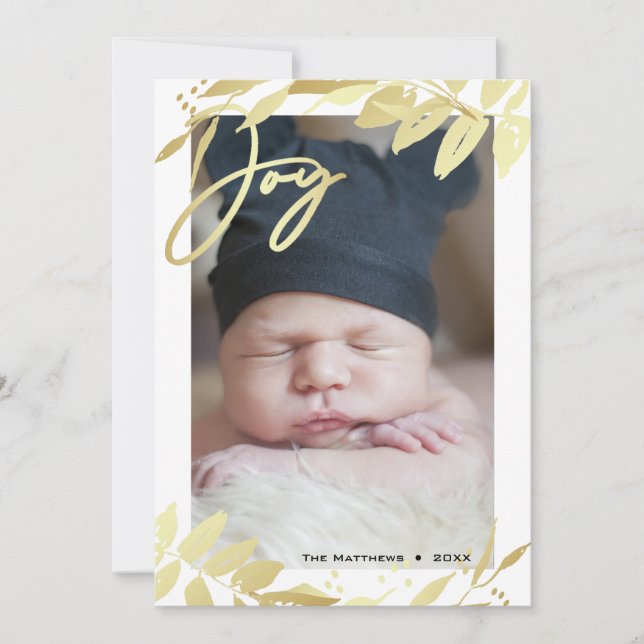 Joy Family Photo Gold White Botanical Christmas Holiday Card (Front)