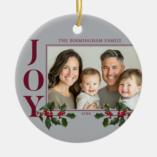 JOY Family Photo Red Berry Ornament (Front)