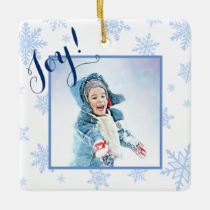 Joy! Festive Baby Blue Snowflakes Christmas Photo Ceramic Ornament