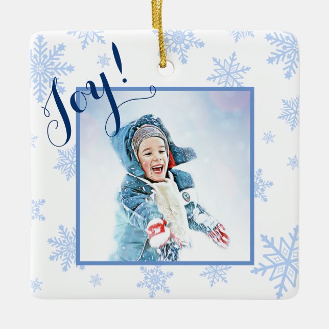 Joy! Festive Baby Blue Snowflakes Christmas Photo Ceramic Ornament (Front)