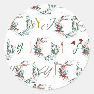 JOY Festive Bird Wreaths Classic Round Sticker