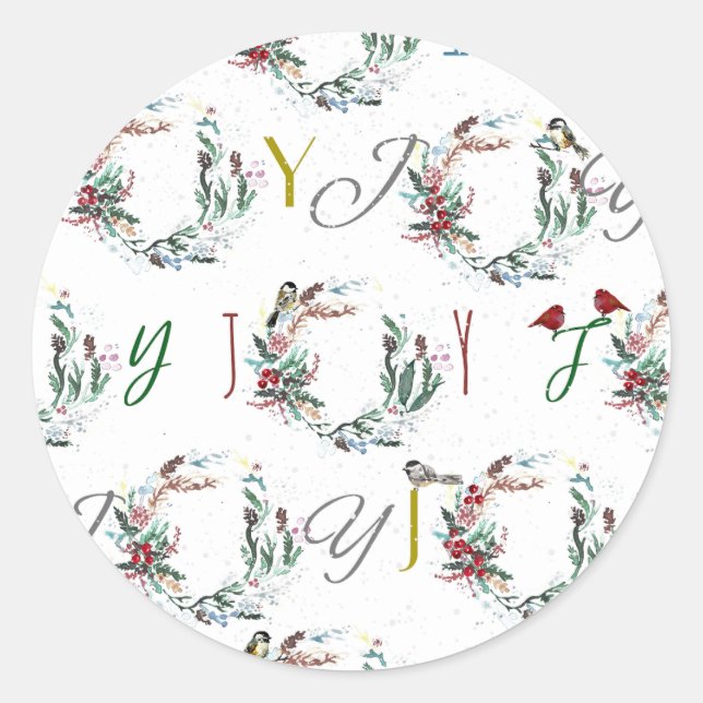 JOY Festive Bird Wreaths Classic Round Sticker (Front)