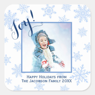 Joy! Festive Blue Snowflakes Happy Holidays Photo Square Sticker