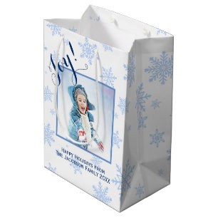 Joy! Festive Blue Snowflakes Photo Happy Holidays Medium Gift Bag