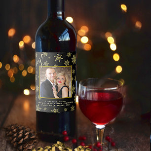 Joy! Festive Gold Snowflakes & Photo Holiday Wine Label