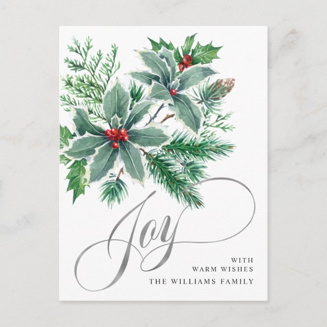 JOY Festive Holly Berry Christmas Greeting Holiday Postcard (Front)