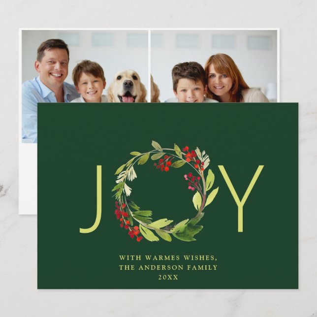 JOY Festive Holly Berry Wreath Christmas 2 Photo Holiday Card (Front/Back)