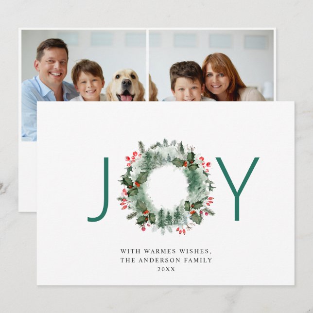 JOY Festive Holly Berry Wreath Christmas 2 Photo Holiday Card (Front/Back)