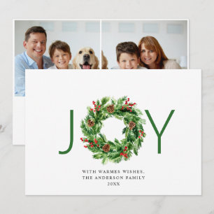 JOY Festive Holly Berry Wreath Christmas 2 Photo Holiday Card