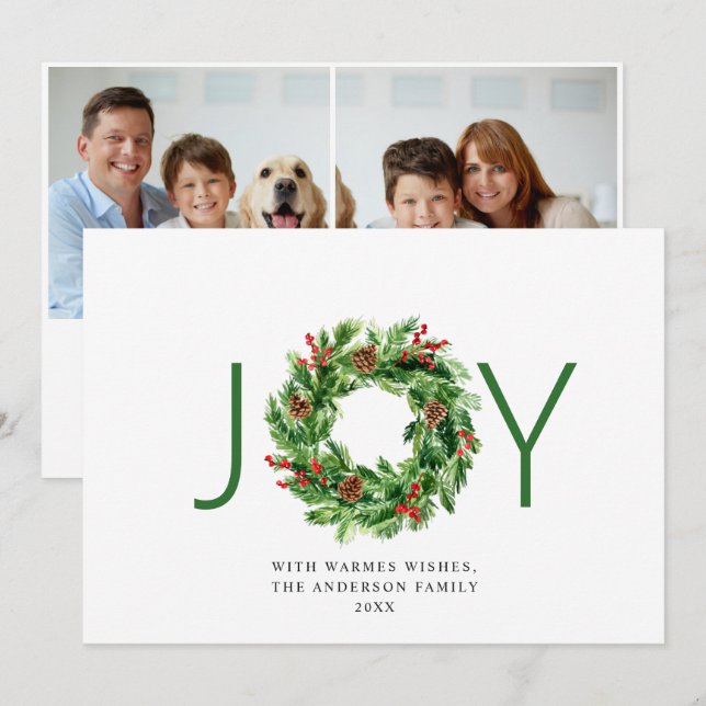 JOY Festive Holly Berry Wreath Christmas 2 Photo Holiday Card (Front/Back)