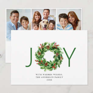 JOY Festive Holly Berry Wreath Christmas 3 Photo Holiday Card