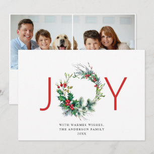 JOY Festive Holly Berry Wreath Christmas Greeting Holiday Card